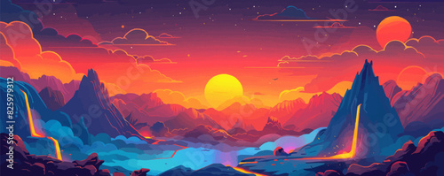 A surreal volcanic landscape with bubbling lava pools and steaming vents. Vector flat minimalistic isolated illustration.