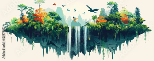 A surreal floating island with lush vegetation, cascading waterfalls, and colorful exotic birds. Vector flat minimalistic isolated illustration.
