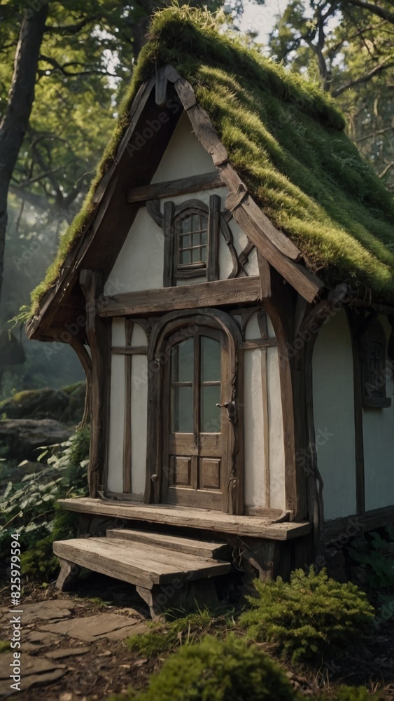 A fairy tale cottage in the forest with glowing windows and a moss-covered roof.