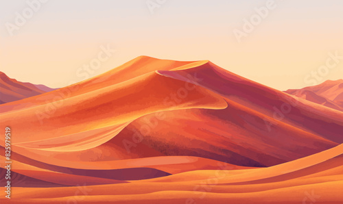 Desert landscape with rolling dunes, framed by the warm hues of sunset. Vector