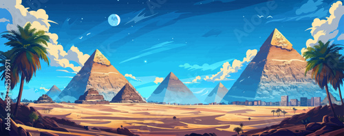 Futuristic landscape with views of the pyramids and the city. Egypt. vector simple illustration