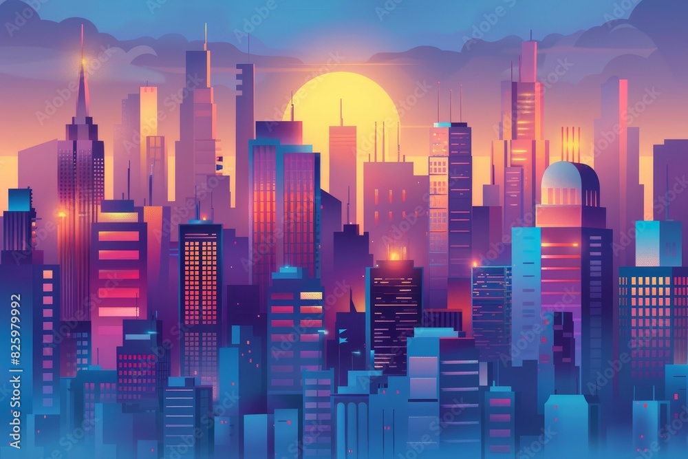 Radiant Cityscape at Dusk - Warm Illuminated Buildings in 3D Clay Material Design