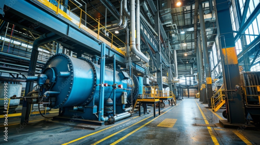 A spacious industrial factory interior showcasing large, blue machinery and an extensive network of pipes, illuminated by daylight from overhead windows.