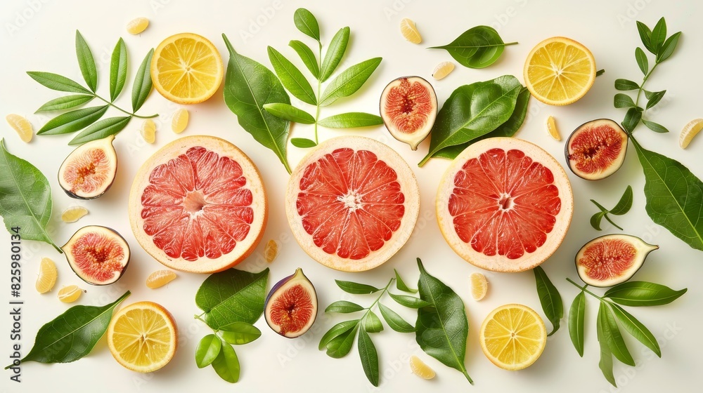 An artistic summer display of sliced grapefruits and figs, mixed with lush green tropical leaves, on a white background An artistic summer display of sliced grapefruits and figs, mixed with lush green tropical leaves, on a white background