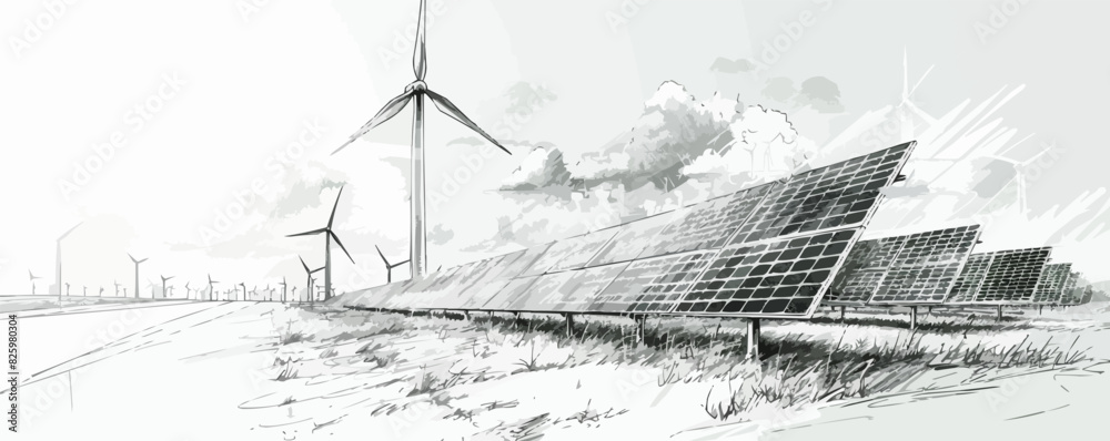 Wind turbines and solar panels sketch. vector simple illustration
