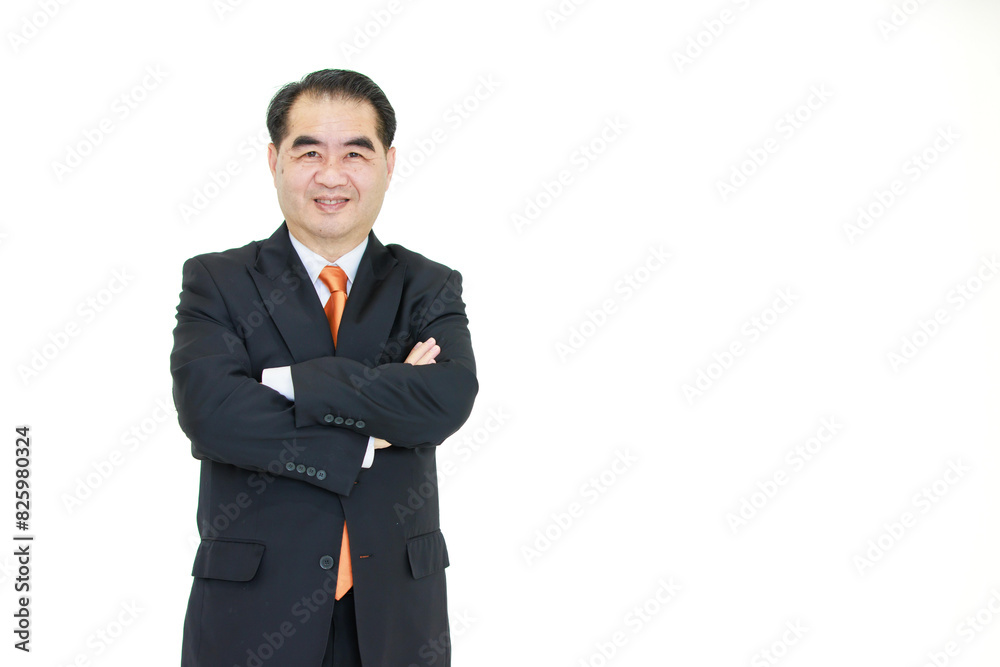 Asian senior businessman, an old man with black suit orange necktie, feel happy, smiling, good health isolated on white background. Concept for senior business successful professional. Asian senior businessman, an old man with black suit orange necktie, feel happy, smiling, good health isolated on white background. Concept for senior business successful professional.