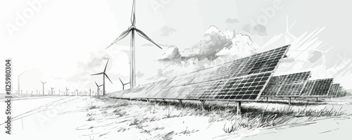 Wind turbines and solar panels sketch. vector simple illustration © Coosh448