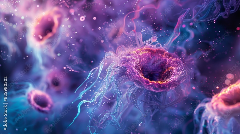 Abstract microbial forms, eye-like features embedded within, eerie yet captivating, deep blues and purples, luminescent highlights Abstract microbial forms, eye-like features embedded within, eerie yet captivating, deep blues and purples, luminescent highlights