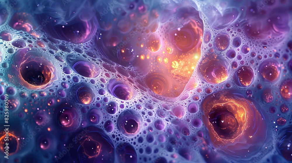 Abstract microbial forms, eye-like features embedded within, eerie yet captivating, deep blues and purples, luminescent highlights