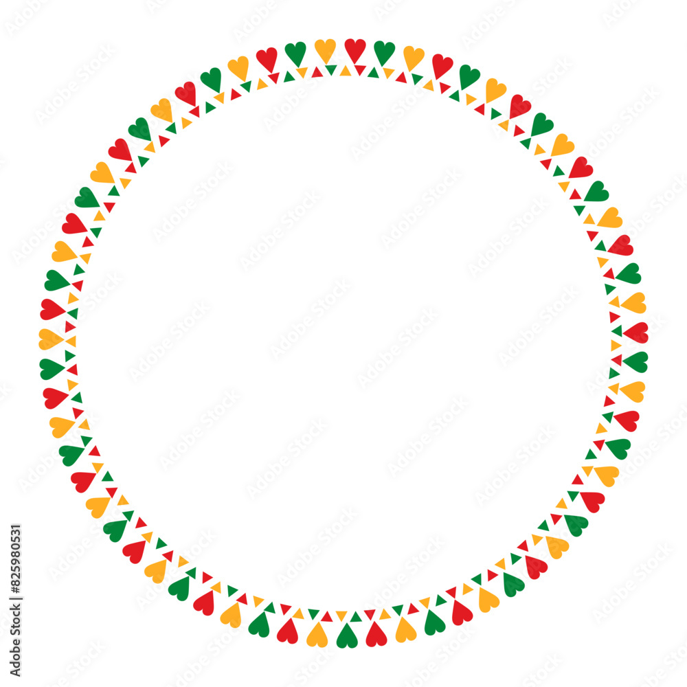 Round Juneteenth frame with colored hearts and triangles, isolated on transparent background. Black History Month. Copy space. Vector Illustration Round Juneteenth frame with colored hearts and triangles, isolated on transparent background. Black History Month. Copy space. Vector Illustration