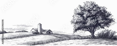 Rural landscape, tree and farm. Vector hand drawn vintage engraved sketch. vector simple illustration