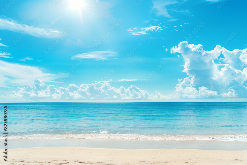 Fototapeta premium Sunlit Beach with Blue Sky and Ocean View