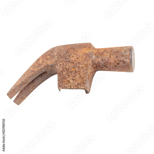 A vintage rusty hammer and nail isolated on a white background with old metal tools for construction and industry