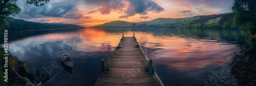Serene Sunset at a Tranquil Lakeside Pier with Reflections on Calm Water