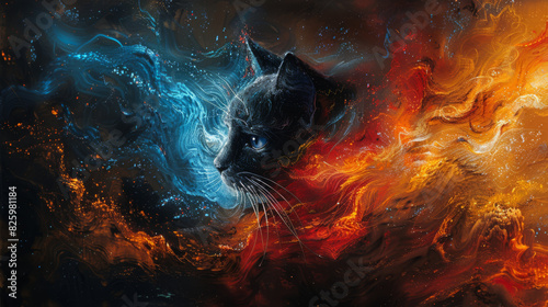 Black cat in waves of fire. Abstract illustration of a burning black cat. Sparks, waves, blurs, brush strokes. photo