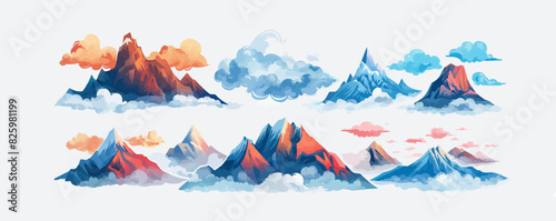 Collection of hand drawn clouds and mountains. Chinese and Japanese mountains shapes Flat cartoon illustration isolated on white background. vector simple illustration