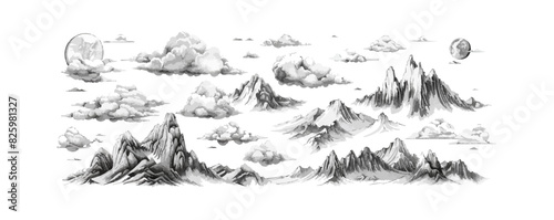 Collection of hand drawn clouds and mountains. Chinese and Japanese mountains shapes Flat cartoon illustration isolated on white background