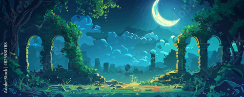 A mystical forest glade with ancient ruins entwined with ivy, illuminated by ethereal moonlight. Vector flat minimalistic isolated illustration.