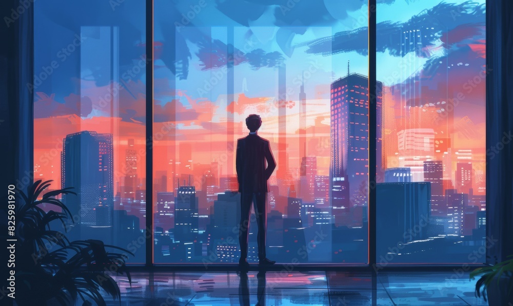 A CEO standing by the window, looking out over the city skyline A CEO standing by the window, looking out over the city skyline