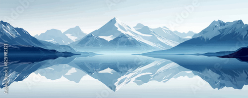 A serene mountain lake reflecting the snow-capped peaks that surround it. Vector flat minimalistic isolated