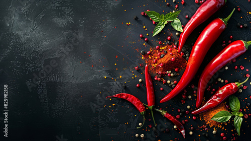 Red hot pepper with spices on a black background, top view