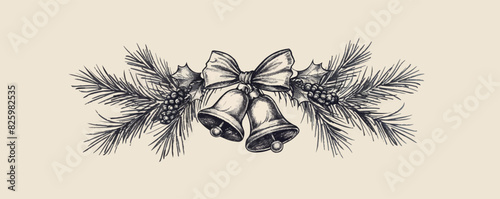 Christmas bells with a bow on a branch hand drawn sketc. vector simple illustration photo