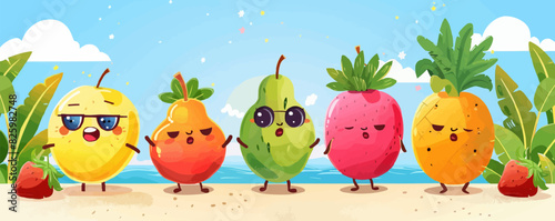 Fun fruits on vacation vector characters. vector simple illustration