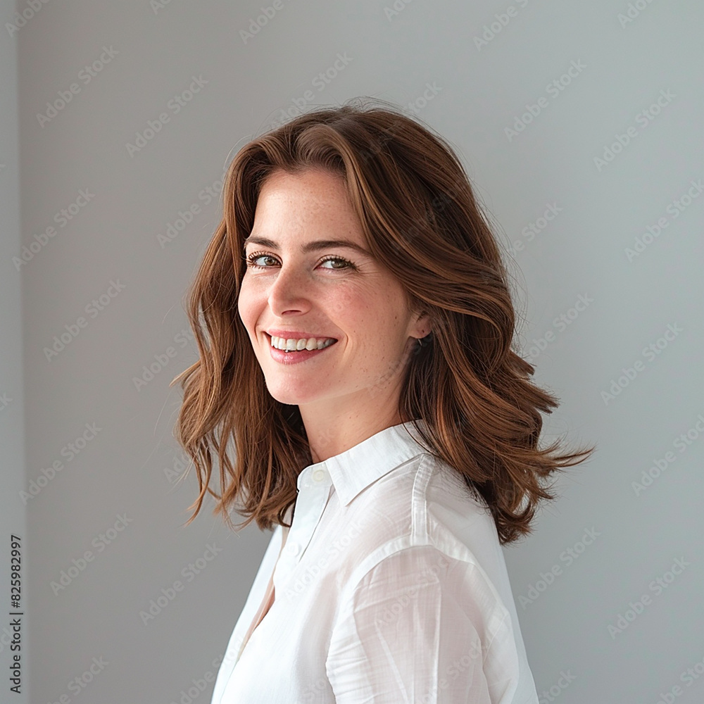 A woman with long brown hair is smiling and wearing a white shirt A woman with long brown hair is smiling and wearing a white shirt