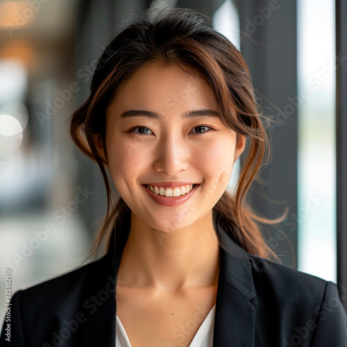 A woman with a black suit and a white shirt is smiling