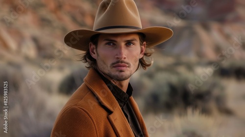 Model showcases a modern take on the iconic cowboy hat with a sleek and structured design that adds a touch of sophistication to this westerninspired look. photo