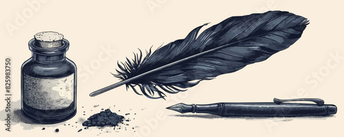 Illustration of feather pen and inkwell in engraving style. vector simple illustration