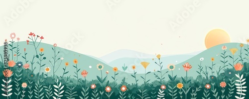 Scenic illustration of sunrise over green hills with colorful flowers in the foreground, creating a peaceful and serene landscape. #825983938
