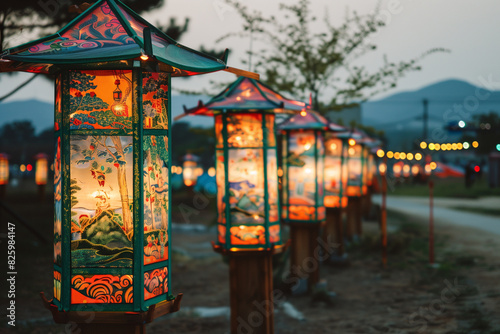 Illuminated Traditional Korean Lanterns with Mud Paintings, Evening at Boryeong Mud Festival photo