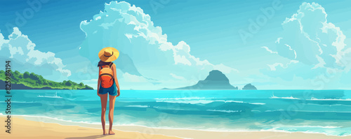 Woman solo traveller enjoying summer vacation ocean vector simple illustration