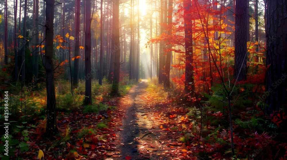 A narrow path winding through a dense forest in autumn. The trees are in full fall colors, with red, orange, and yellow leaves scattered on the ground. Sunlight filters through the branches, creating A narrow path winding through a dense forest in autumn. The trees are in full fall colors, with red, orange, and yellow leaves scattered on the ground. Sunlight filters through the branches, creating