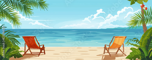 A beach scene with two beach chairs and a palm tree © Coosh448