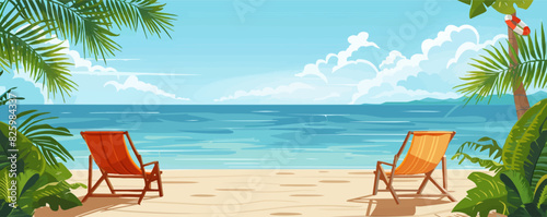 A beach scene with two beach chairs and a palm tree