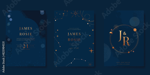 Navy Blue Luxury Wedding Invitation, start invite thank you, rsvp modern card Design in Night sky with  little star moon sun and space decorative Vector elegant rustic template