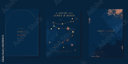 Navy Blue Luxury Wedding Invitation, start invite thank you, rsvp modern card Design in Night sky with  little star moon sun and space decorative Vector elegant rustic template