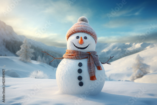 Panoramic view of happy snowman in winter scenery with copy space,  Created using generative AI tools. © © Raymond Orton