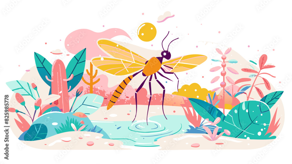 Vibrant Illustrated Dragonfly Landing on Water in a Pastel Nature Scene