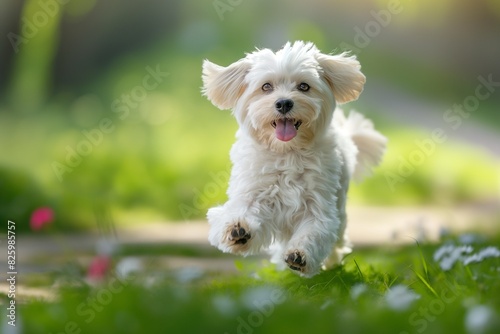A lively dog is captured dashing towards the camera across a lush green lawn or meadow. The sun is shining. The dog's expression reveals a sense of excitement and exuberance.