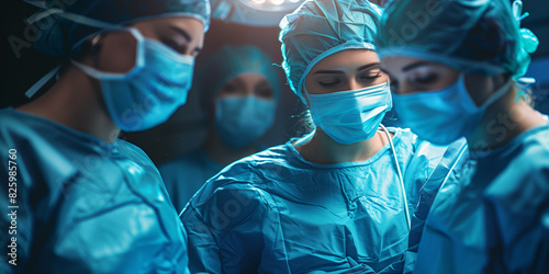 healthcare professionals in blue scrubs and surgical caps are present in an operating room with bright overhead lights suggesting a sterile and precise medical environment