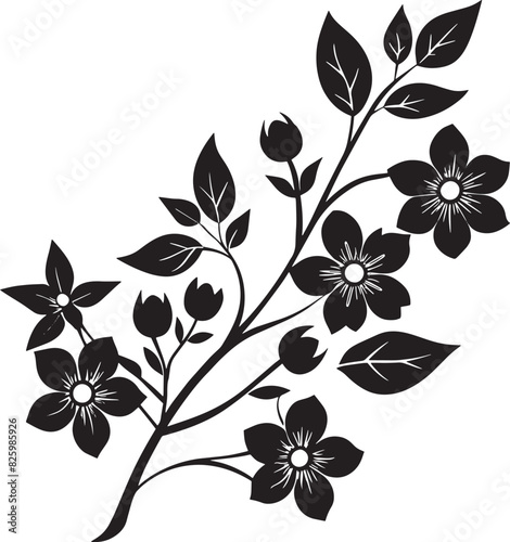 Minimal blooming floral branch silhouette illustration white background