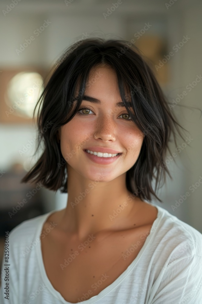 Portrait of a young woman with short, shoulder length hair. have a beautiful smile Portrait of a young woman with short, shoulder length hair. have a beautiful smile
