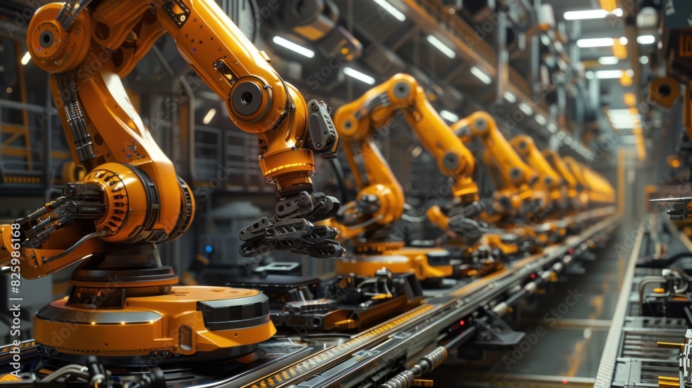 3d rendering robot assembly line in car factory 3d rendering robot assembly line in car factory