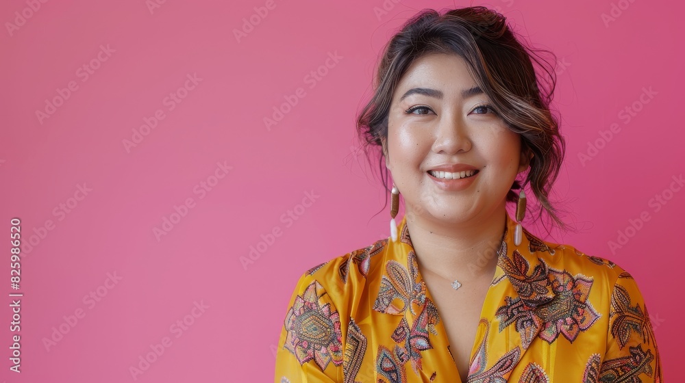 A chubby Indonesian woman in a vibrant yellow shirt smiles warmly at the camera A chubby Indonesian woman in a vibrant yellow shirt smiles warmly at the camera