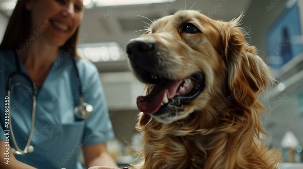 A female veterinarian examines a retriever. 