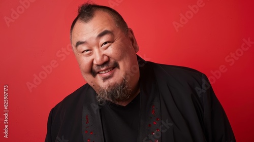A bearded man in a black shirt exudes mysterious charm and confidence