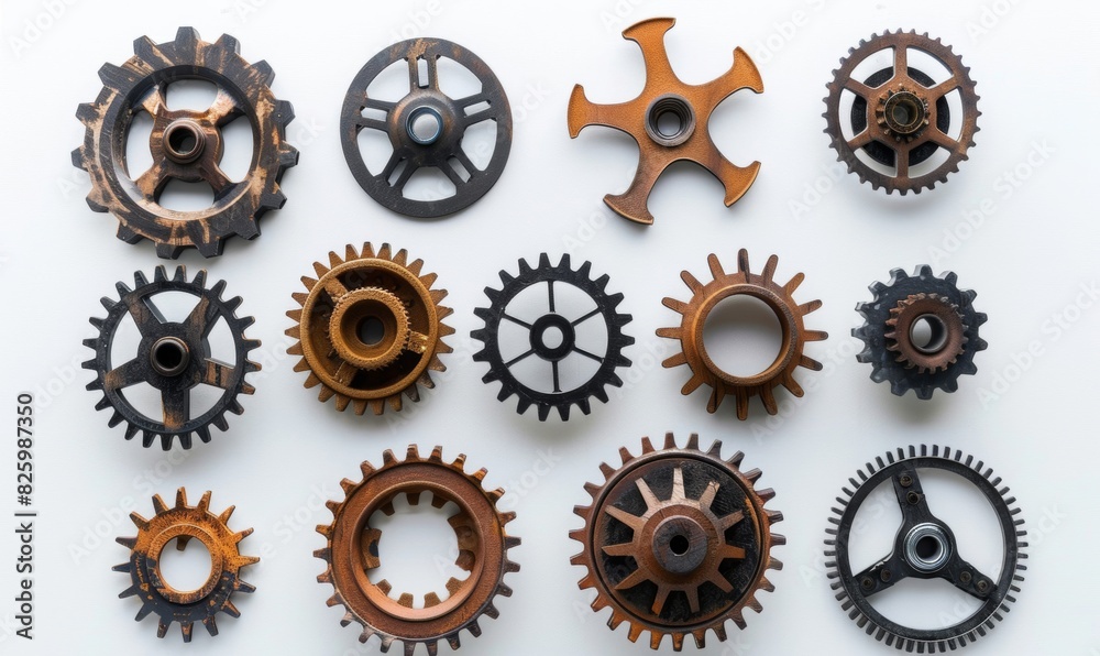 Cogs and gears made of various materials like wood, metal, and plastic 